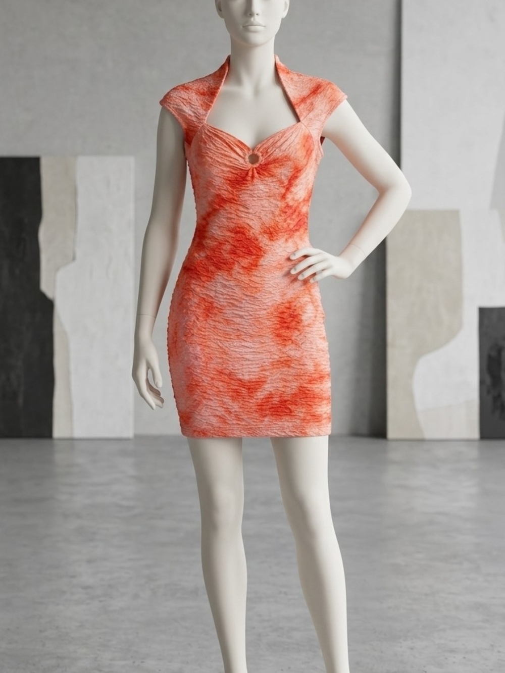 Coral Textured Mini Dress with Ring Detail